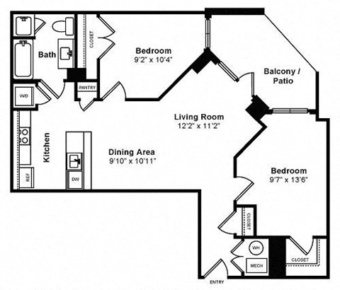 Floor plan for 2 beds, 1 bath, 843 sqft